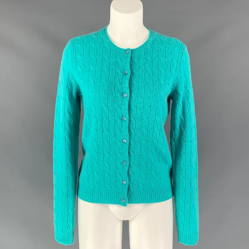 BLACK LABEL RALPH LAUREN Cashmere Cable Knit Size L Aqua Cardigan Oversized Loose Flowy BLACK LABEL RALPH LAUREN Cashmere Cable Knit Size L Aqua Cardigan Oversized Loose Flowy