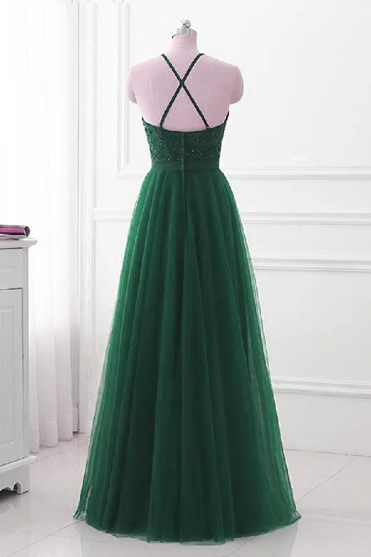 Dark Green Cross Back Tulle Halter Long Party Dress, A-line Junior Prom Dress Boat Neckline Classic Dark Green Cross Back Tulle Halter Long Party Dress, A-line Junior Prom Dress Boat Neckline Classic