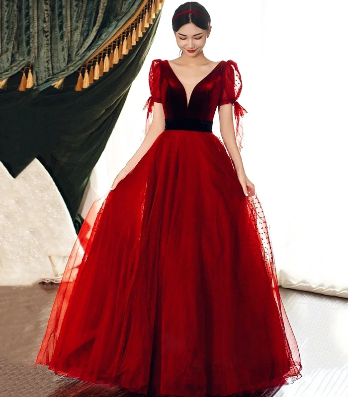 Burgundy Velvet Tulle Long Prom Dress, A-Line Evening Party Dress Satin Halter Glamorous Burgundy Velvet Tulle Long Prom Dress, A-Line Evening Party Dress Satin Halter Glamorous