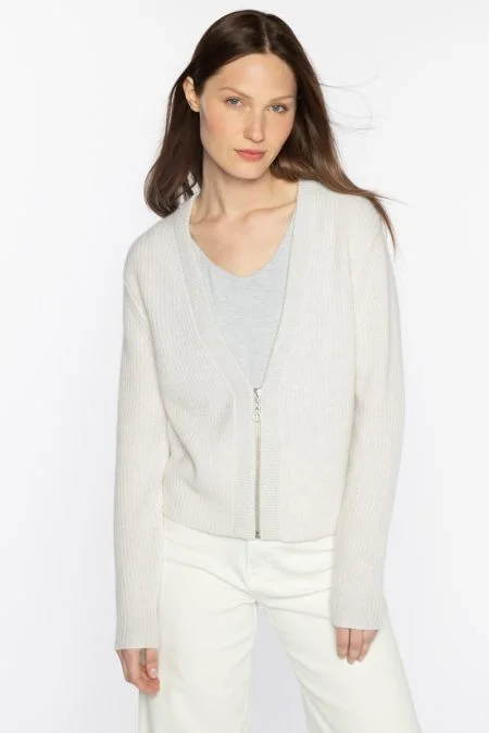 Kinross Cashmere Crop Lurex Trim Zip Cardigan Terry Terry Cloth Terry Knit