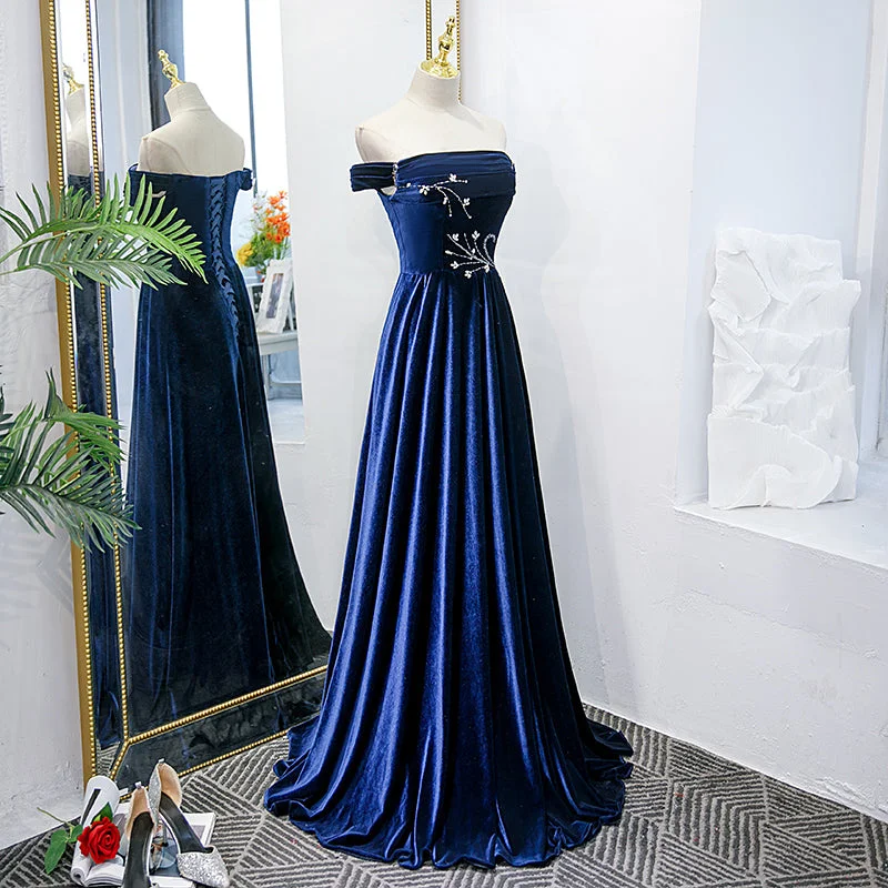 Blue Velvet Beaded Elegant Off Shoulder Evening Dress, Blue Long Prom Dress Party Dress Tunics Occasion special Blue Velvet Beaded Elegant Off Shoulder Evening Dress, Blue Long Prom Dress Party Dress Tunics Occasion special