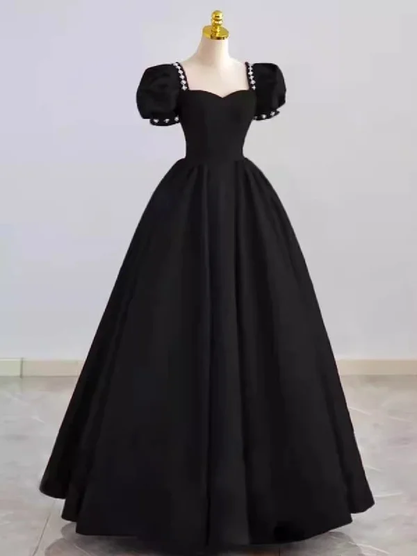 Vintage Ball Gown Satin Black Long Prom Dress Wedding Party Dresses Crew Neckline Sporty Vintage Ball Gown Satin Black Long Prom Dress Wedding Party Dresses Crew Neckline Sporty
