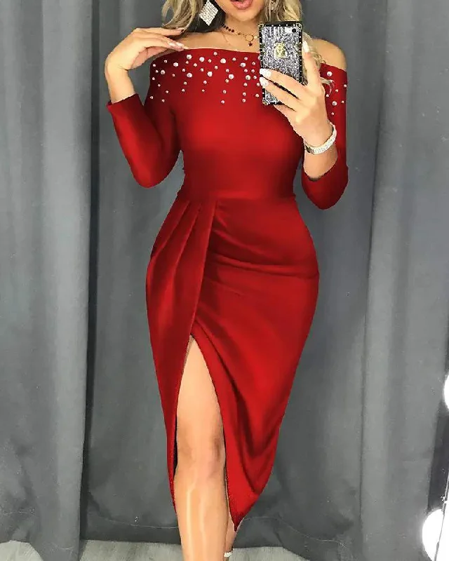 OFF SHOULDER BEADED RUCHED PARTY DRESS Tunics Chic fashionable