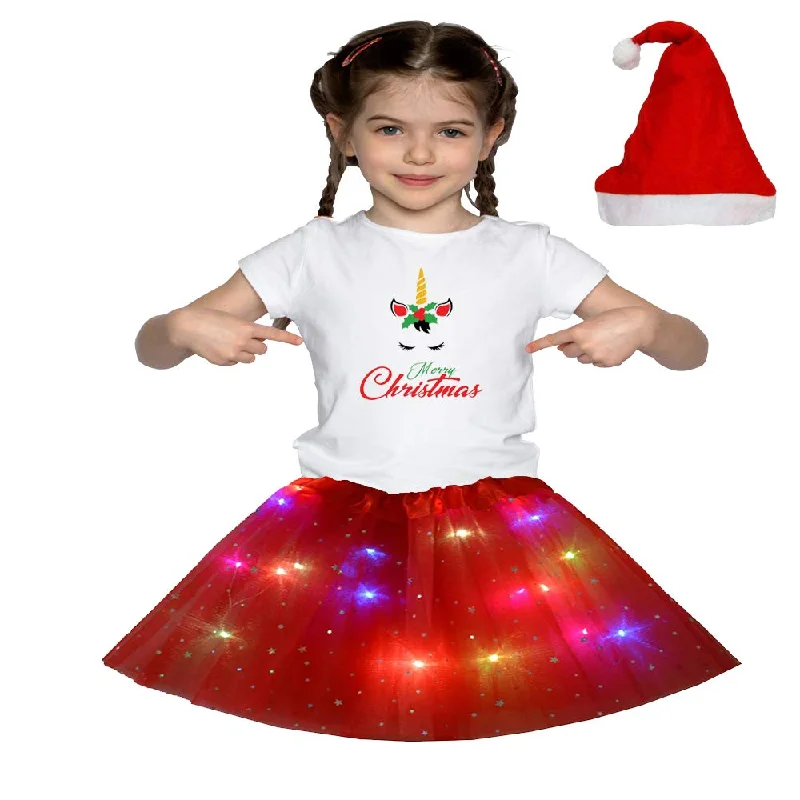 Christmas T_Shirt and Tutu Led Skirt with X-Mas Santa Cap Christmas Party Dress for Girls Tunics Long Elegant Christmas T_Shirt and Tutu Led Skirt with X-Mas Santa Cap Christmas Party Dress for Girls Tunics Long Elegant