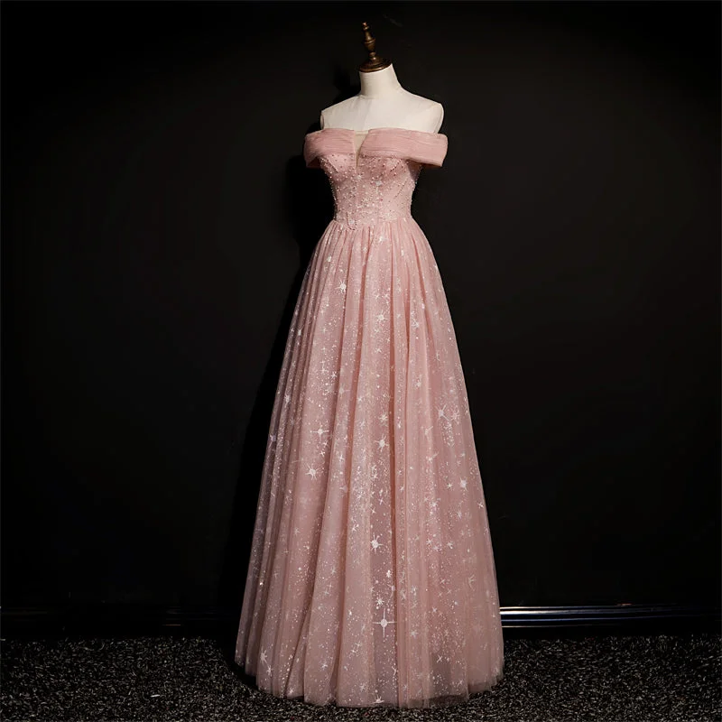 Off Shoulder Pink Tulle Long A-line Prom Dress with Beadings, Pink Long Party Dress Evening Dress Tunics Running lightweight Off Shoulder Pink Tulle Long A-line Prom Dress with Beadings, Pink Long Party Dress Evening Dress Tunics Running lightweight