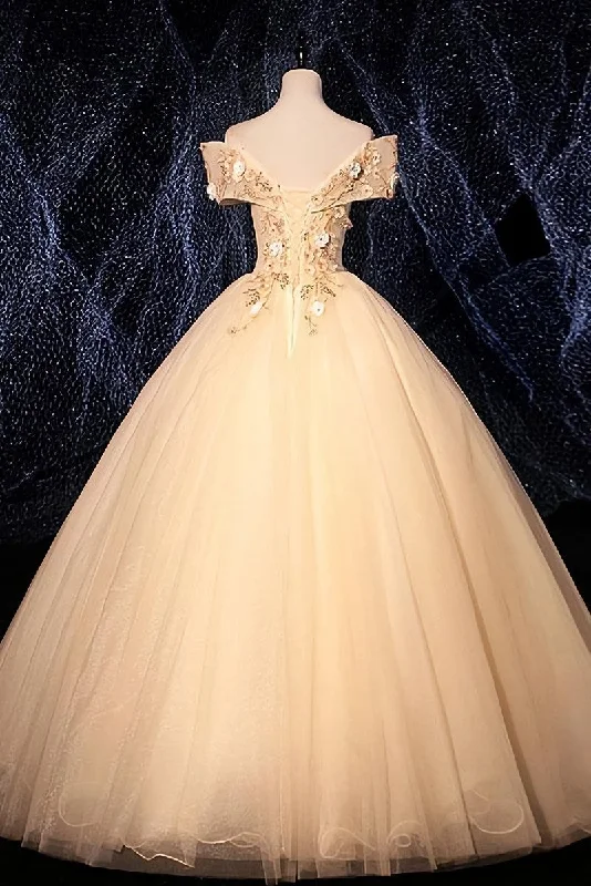 Champagne Tulle Flowers Off Shoulder Sweet 16 Party Dress, Long Prom Dress, Formal Gown Tunics Mesh breathable Champagne Tulle Flowers Off Shoulder Sweet 16 Party Dress, Long Prom Dress, Formal Gown Tunics Mesh breathable