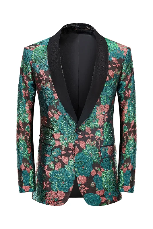 Green Shawl Lapel Jacquard Floral Pattern Men's Homecoming Suit Jacket Blazer Zip Front Button Front Snap Front Green Shawl Lapel Jacquard Floral Pattern Men's Homecoming Suit Jacket Blazer Zip Front Button Front Snap Front