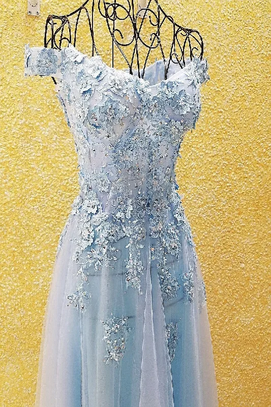 Light Blue Off Shoulder Long Party Dress with Flowers, Tulle Blue Evening Dress Prom Dress Tunics Lace romantic Light Blue Off Shoulder Long Party Dress with Flowers, Tulle Blue Evening Dress Prom Dress Tunics Lace romantic