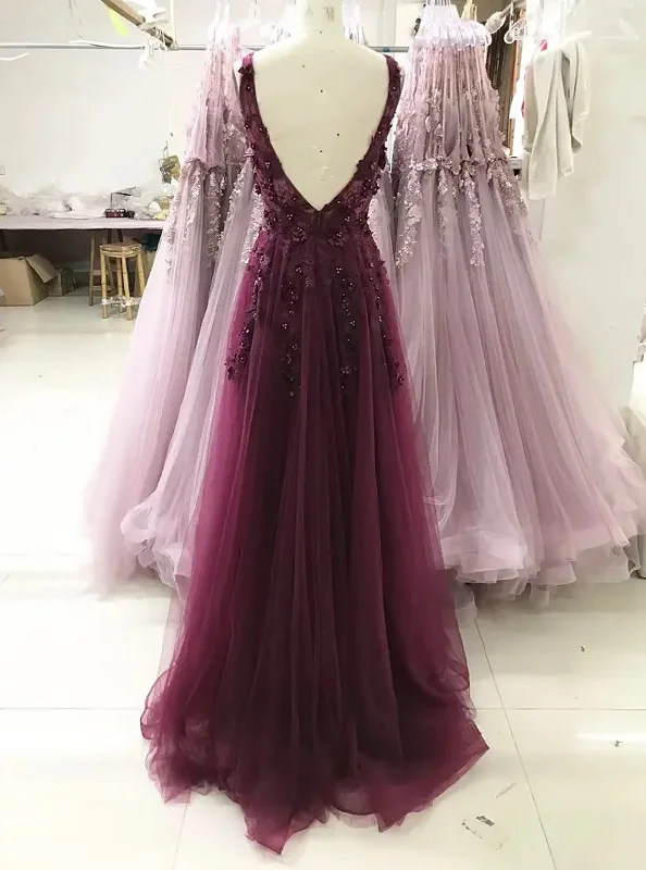 A-line V-neckline Flowers Tulle Evening Dress Prom Dress, Long Wedding Party Dress Tunics Fleece cozy A-line V-neckline Flowers Tulle Evening Dress Prom Dress, Long Wedding Party Dress Tunics Fleece cozy
