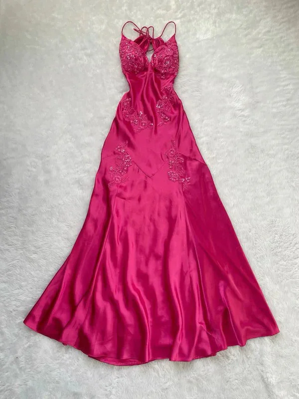 Charming Hot Pink Long Evening Gown Beaded Prom Dress Party Dress Cowl Neckline Elegant Charming Hot Pink Long Evening Gown Beaded Prom Dress Party Dress Cowl Neckline Elegant