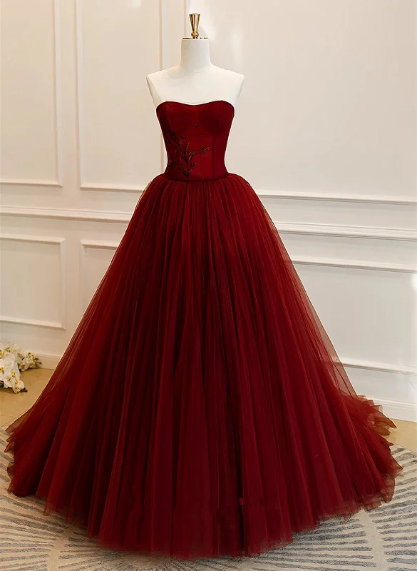 Wine Red Tulle Scoop Long Formal Dress, Wine Red Tulle Prom Dress Party Dress Tunics Ceremony elegant