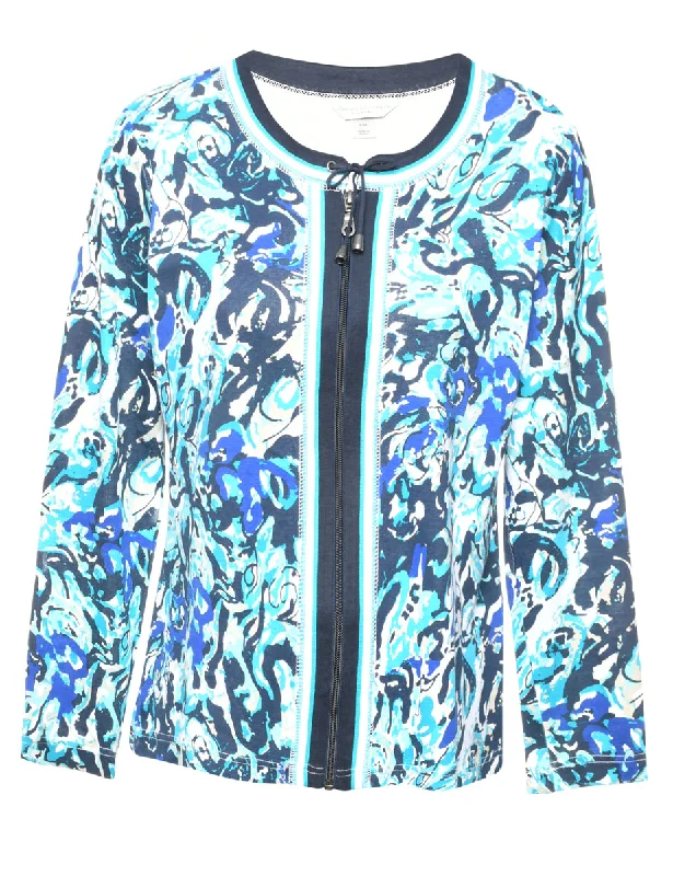 Zip-Front Blue Patterned Jacket - M Knit Fabric Woven Fabric Fleece Fabric