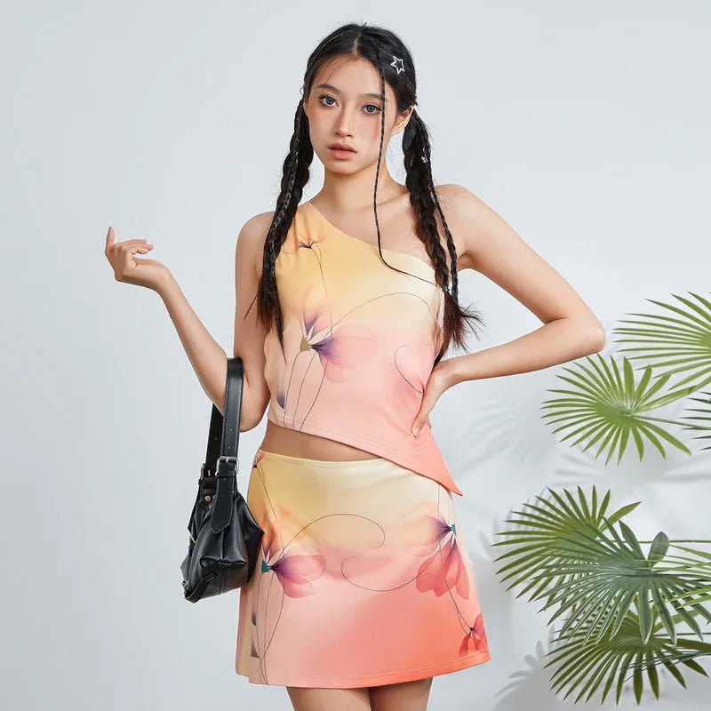 Floral Print Sleeveless One-Shoulder Top and Mini A-Line Skirt Set denim skirt stylish