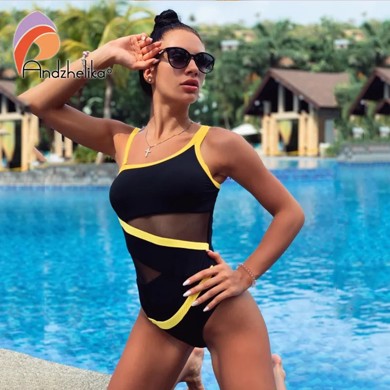 Andzhelika Sexy One Shoulder One Piece Swimsuit Off Shoulder Mesh Patchwork Strappy Back Bikini Andzhelika Sexy One Shoulder One Piece Swimsuit Off Shoulder Mesh Patchwork Strappy Back Bikini