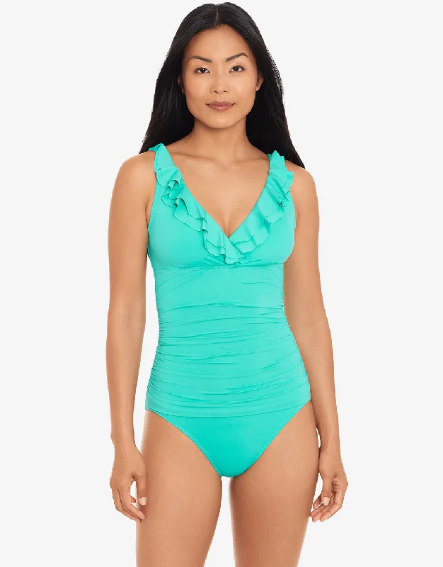 Beach Club Solids Ruffle Swimsuit - Turquoise Ruffled Swimsuit Top