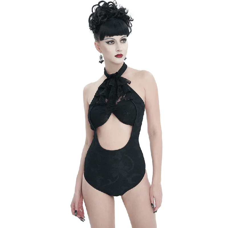 Black Vintage Cutout One-Piece Swimsuit / Women's Gothiс Swimsuit with Lace Ruffle and Bowtie Fun Pattern Swimsuit Black Vintage Cutout One-Piece Swimsuit / Women's Gothiс Swimsuit with Lace Ruffle and Bowtie Fun Pattern Swimsuit