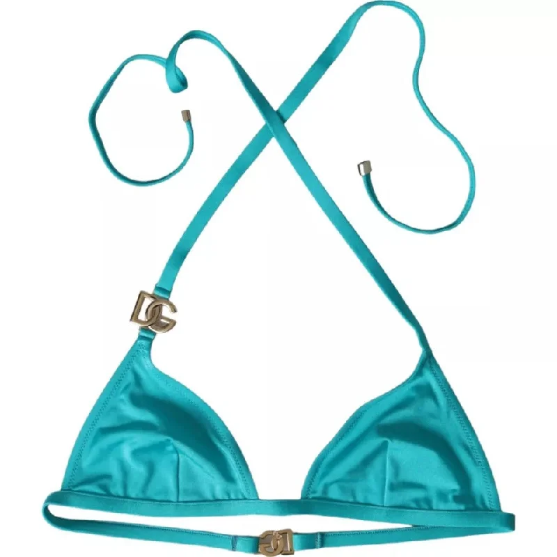 Dolce & Gabbana Blue Green Halter DG Logo Swimwear Beachwear Bikini Top Elegant Ruffle Swimsuit Dolce & Gabbana Blue Green Halter DG Logo Swimwear Beachwear Bikini Top Elegant Ruffle Swimsuit