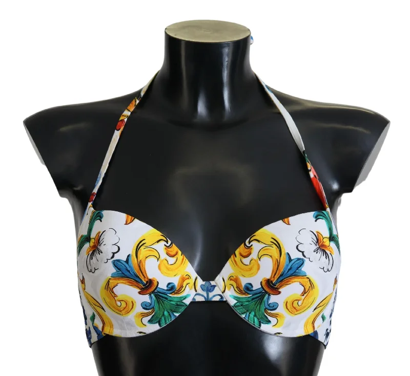 Dolce & Gabbana White Majolica Beachwear Swimwear Bikini Top Button-Front Swimsuit