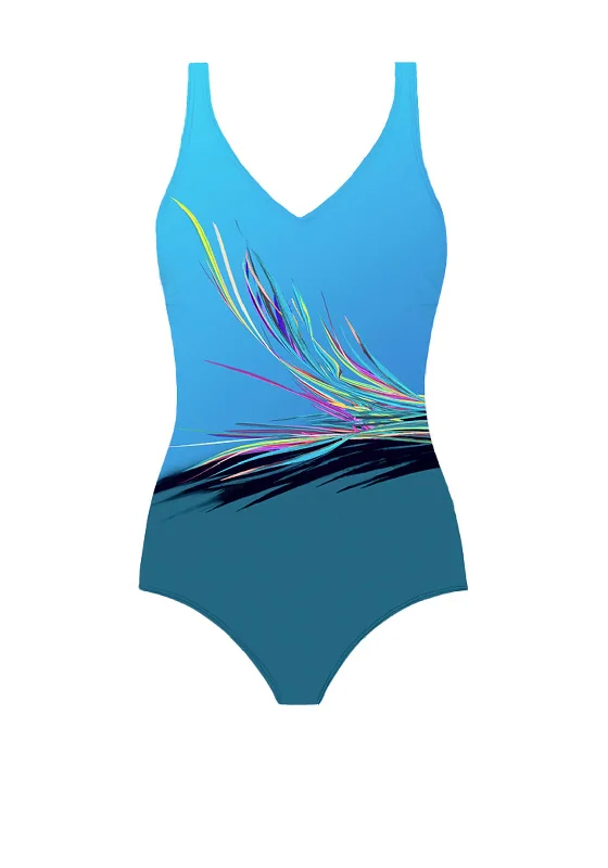 Naturana V-neck Scoop Back Print Swimsuit, Green Multi Shiny One-Piece Swimsuit