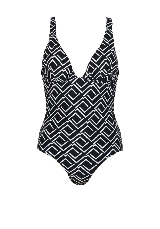 Naturana V-neck Print Swimsuit, Black Flirty Ruffle Swimsuit