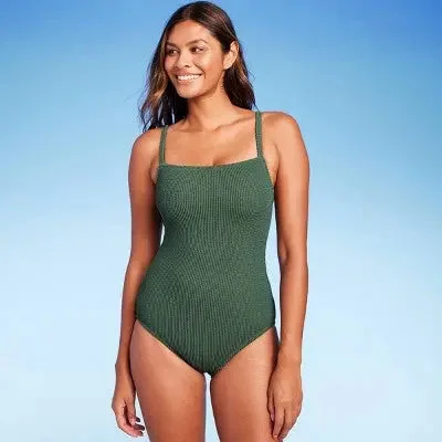 Open Box - Kona Sol Women's Pucker One Piece Swimsuit High Coverage Textured Bold Swimsuit Design