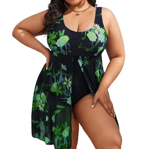Plus Floral Print Dark Green Split One Piece Swimsuit Retro-Inspired Bikini Set