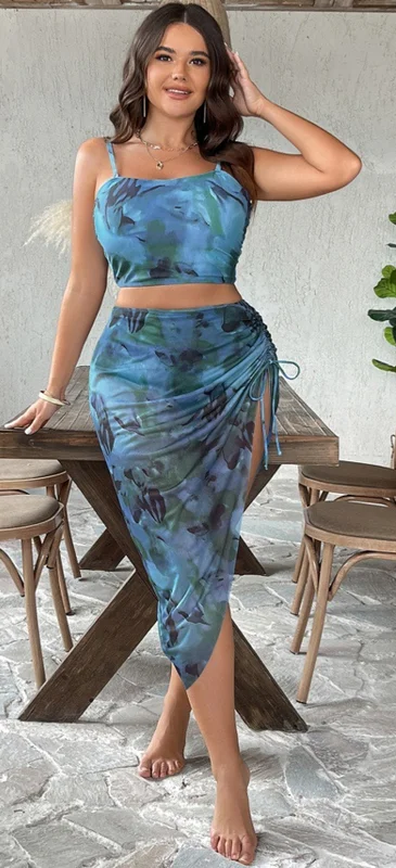 Plus Size Casual Random Printed Sleeveless Swimsuit Light Blue High-Waisted Swimwear Plus Size Casual Random Printed Sleeveless Swimsuit Light Blue High-Waisted Swimwear