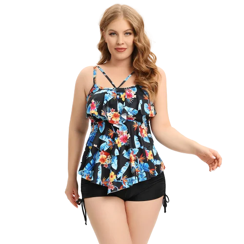 Plus Size Floral Print Multicolor Layered Strappy High Waisted Swimsuit Color-Block Bikini Plus Size Floral Print Multicolor Layered Strappy High Waisted Swimsuit Color-Block Bikini
