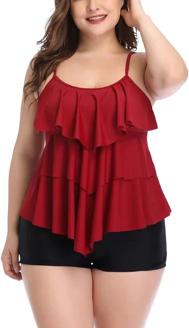 Plus Size Women Tankini Swimsuits Red Halter Neck Swimsuit