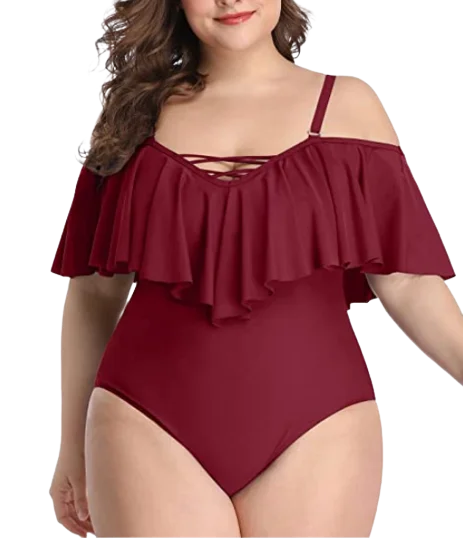 Plus Size Swimwear Red Color Ruffled One-piece Set Off-the-shoulder Reversible Bikini Set Plus Size Swimwear Red Color Ruffled One-piece Set Off-the-shoulder Reversible Bikini Set