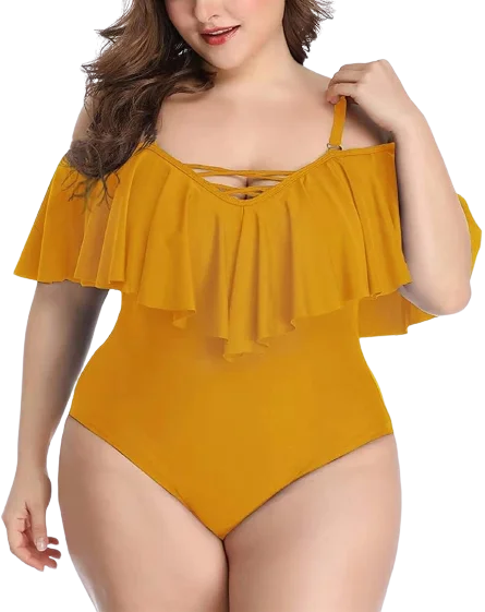 Plus Size Swimwear Yellow Color Ruffled One-piece Set Off-the-shoulder Floral Bikini Top Plus Size Swimwear Yellow Color Ruffled One-piece Set Off-the-shoulder Floral Bikini Top