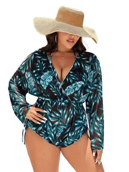 Plus Tropical Print Halter Triangle Bikini Swimsuit Black Chic Swimsuit Cover-Up