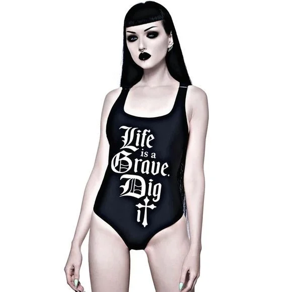 Strappy One-piece Swim Suit | Grave | Gothic Black Pentacle Strap Back Detail Sleek Racerback Swimsuit Strappy One-piece Swim Suit | Grave | Gothic Black Pentacle Strap Back Detail Sleek Racerback Swimsuit