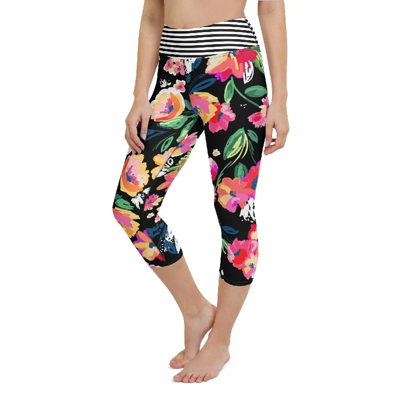 UPF 50 Swim Capri Leggings, Rose Garden Black Mesh Swimsuit Top