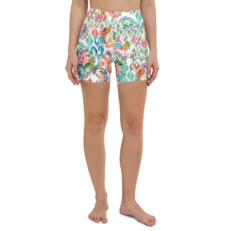 Women's 5" Swim Shorts Coverup -  Watercolor Paisley Batik Ruffled Swimsuit Top