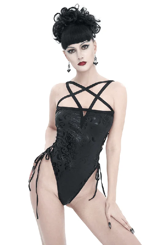 Women's Gothic Strappy Floral Printed Swimsuit / Black One-Piece Swimsuit with Lace-Up on Sides Ruffled Swimsuit Top Women's Gothic Strappy Floral Printed Swimsuit / Black One-Piece Swimsuit with Lace-Up on Sides Ruffled Swimsuit Top