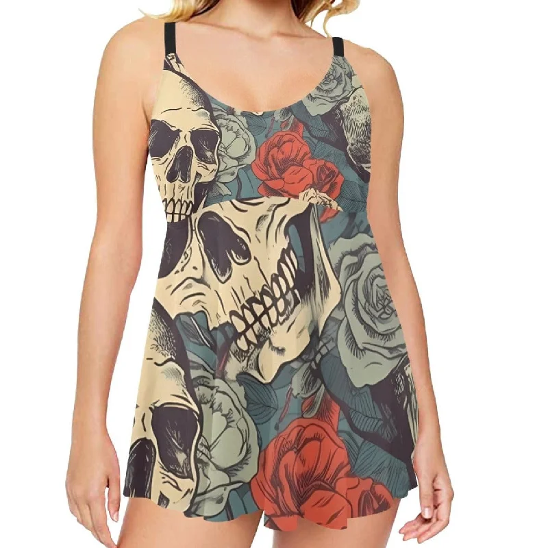 Women's Skull Red Floral Chest Pleat Swim Dress & Shorts Tie-Back Swimwear