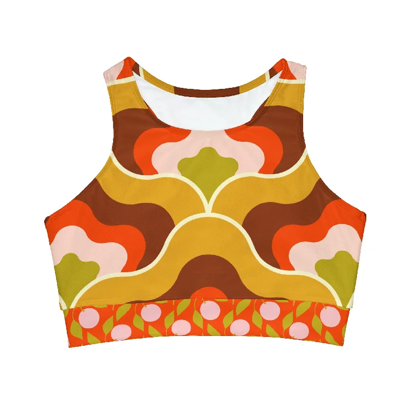Women's Surf Swimsuit High Neck Crop Bikini Top, 70s Mod Floral Elegant Ruffled Bikini