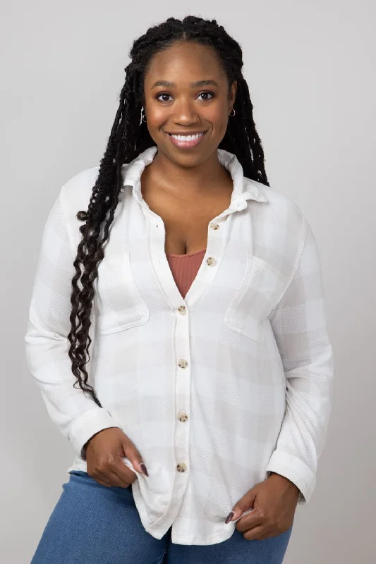 C&C California Marina Luxe Button Up Shirt for Women in Moonbeam Plaid | 89B01934Z-MOON-- Welt Pockets Slit Pockets Flap Pockets C&C California Marina Luxe Button Up Shirt for Women in Moonbeam Plaid | 89B01934Z-MOON-- Welt Pockets Slit Pockets Flap Pockets