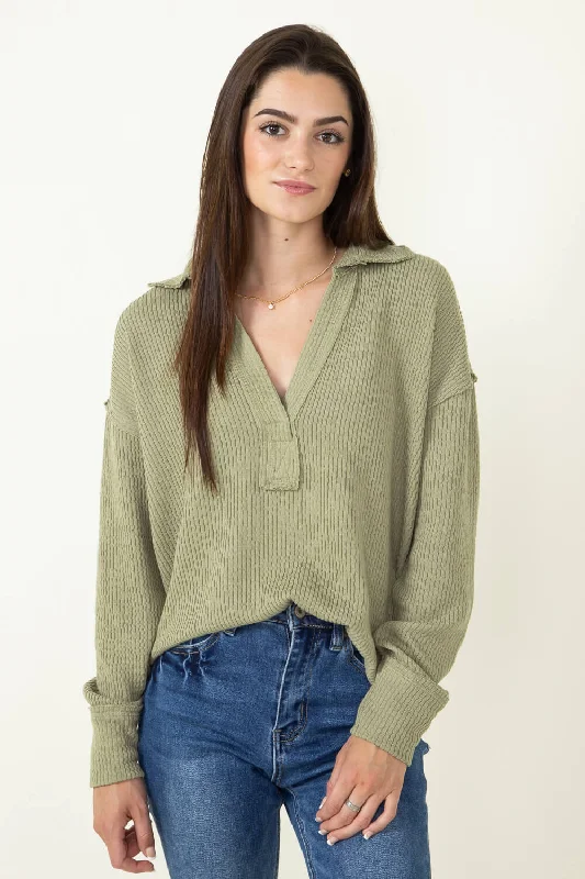 Blu Pepper Ribbed Knit Johnny Collar Polo Shirt for Women in Light Olive | B3FT1012-LIGHTOLIVE-- Spandex Blend Rayon Blend Denim Blend Blu Pepper Ribbed Knit Johnny Collar Polo Shirt for Women in Light Olive | B3FT1012-LIGHTOLIVE-- Spandex Blend Rayon Blend Denim Blend