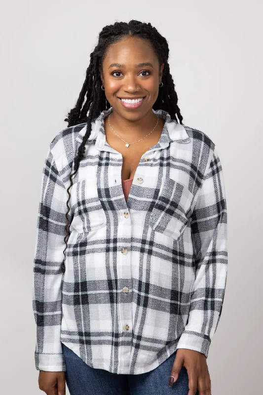 C&C California Marina Luxe Button Up Shirt for Women in Grey Marl Plaid | 89B01934B-GRYPLAID-- Wool Fabric Cashmere Fabric Tweed Fabric C&C California Marina Luxe Button Up Shirt for Women in Grey Marl Plaid | 89B01934B-GRYPLAID-- Wool Fabric Cashmere Fabric Tweed Fabric