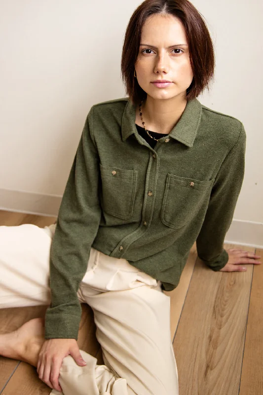 Thread & Supply Lewis Soft Luxe Button Up Shirt for Women in Fern | T1084PVXGK-FERN-- Terry Blend Velvet Blend Canvas Blend Thread & Supply Lewis Soft Luxe Button Up Shirt for Women in Fern | T1084PVXGK-FERN-- Terry Blend Velvet Blend Canvas Blend