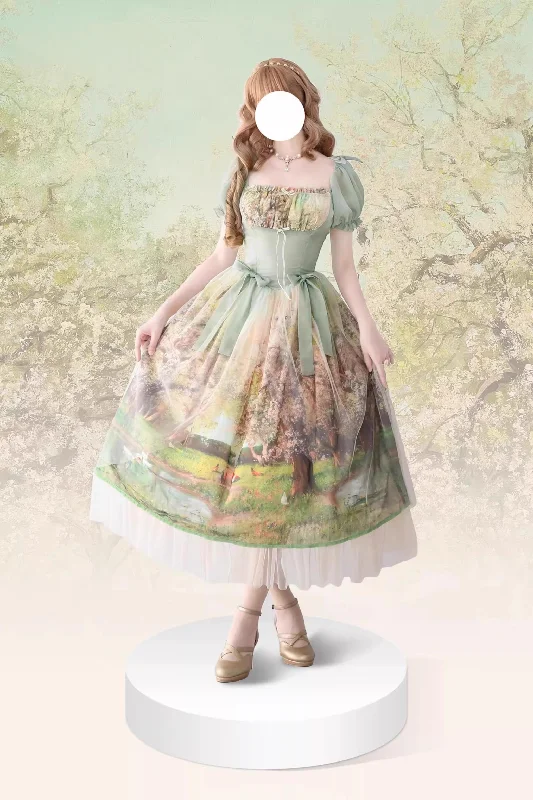(BFM)Lo-cyan Lolita~Spring~Sweet Lolita OP Dress Oil Painting Print V-Waist Bow Dress Tunics Yoga stretchy (BFM)Lo-cyan Lolita~Spring~Sweet Lolita OP Dress Oil Painting Print V-Waist Bow Dress Tunics Yoga stretchy