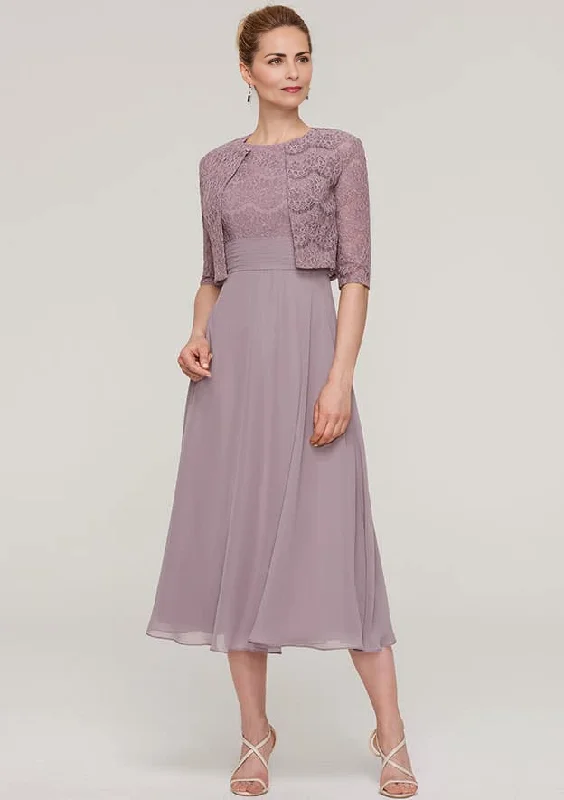 A-line/Princess Scoop Neck Sleeveless Tea-Length Chiffon Mother of the Bride Dress With Lace Jacket Print Jacket Jacquard Jacket Embroidered Jacket A-line/Princess Scoop Neck Sleeveless Tea-Length Chiffon Mother of the Bride Dress With Lace Jacket Print Jacket Jacquard Jacket Embroidered Jacket