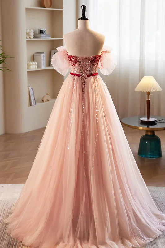 Pink Tulle Beaded Long Prom Dress, A-Line Off Shoulder Evening Party Dress Tunics Custom made Pink Tulle Beaded Long Prom Dress, A-Line Off Shoulder Evening Party Dress Tunics Custom made