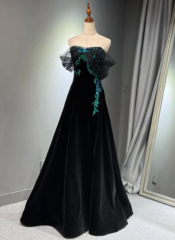 A-line Black Velvet and Tulle Off Shoulder Party Dress, Black Long Prom Dress Tunics Brand named A-line Black Velvet and Tulle Off Shoulder Party Dress, Black Long Prom Dress Tunics Brand named