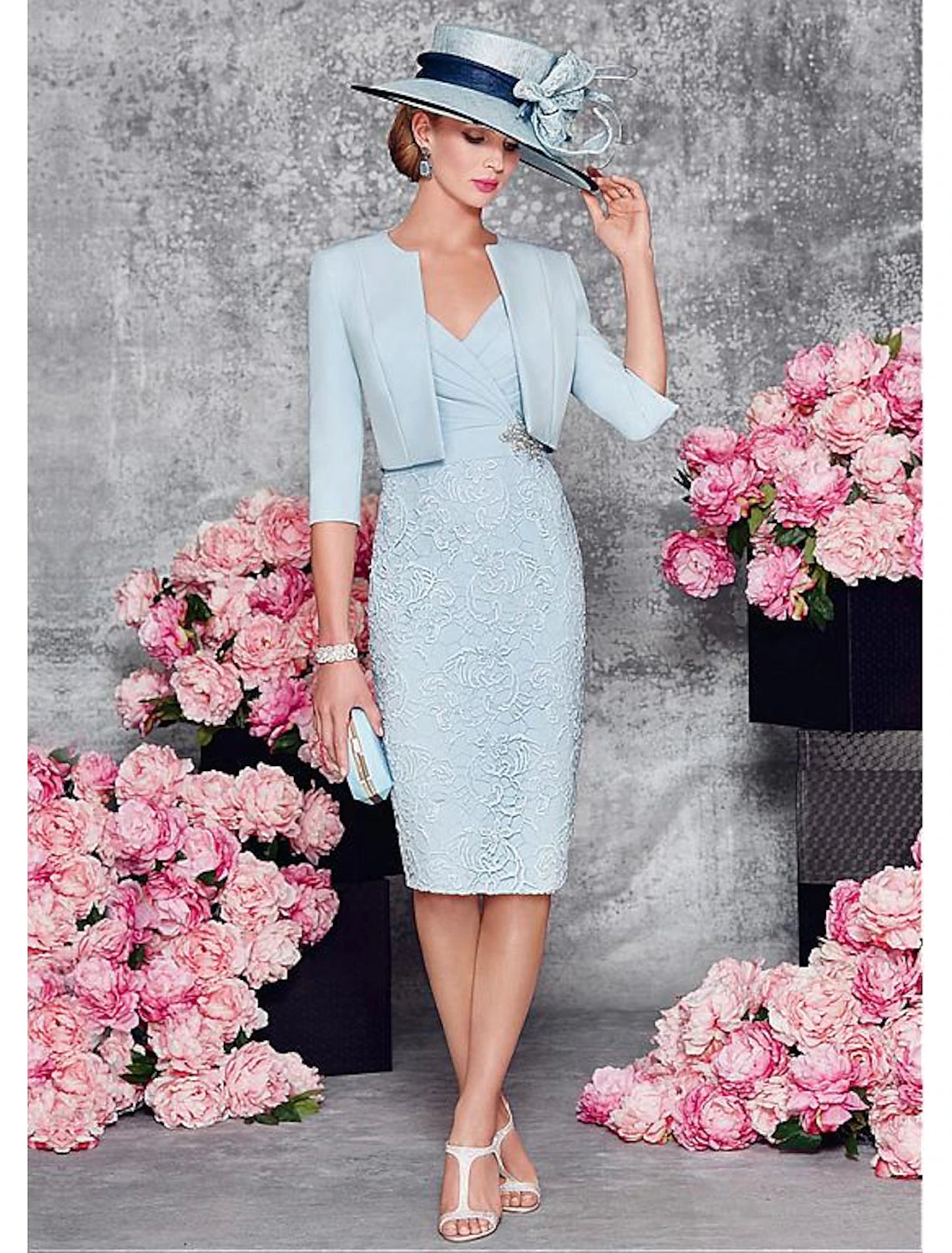 Two Piece Sheath / Column Mother of the Bride Dress Wedding Guest Church Half Sleeve Short Jacket Dresses with Lace Split Front Crystal Brooch Denim Fabric Leather Fabric Suede Fabric Two Piece Sheath / Column Mother of the Bride Dress Wedding Guest Church Half Sleeve Short Jacket Dresses with Lace Split Front Crystal Brooch Denim Fabric Leather Fabric Suede Fabric