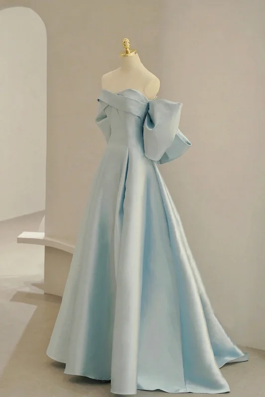 Blue Satin Long Prom Dress with Big Bow, Blue A-Line Evening Party Dress Tunics Chinos classic Blue Satin Long Prom Dress with Big Bow, Blue A-Line Evening Party Dress Tunics Chinos classic