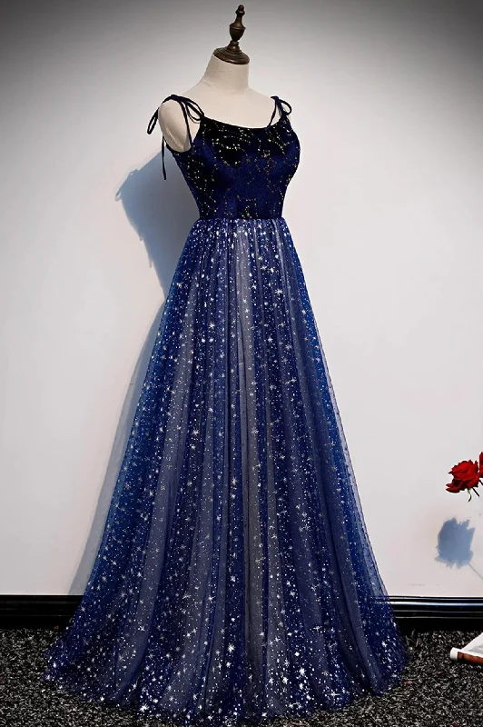 Blue Velvet Tulle Long Prom Dress, A-Line Evening Party Dress Tunics Evening elegant Blue Velvet Tulle Long Prom Dress, A-Line Evening Party Dress Tunics Evening elegant