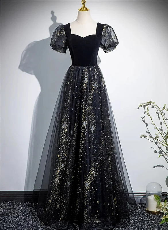 A-line Black Tulle and Velvet Long Party Dress, Black Prom Dress Tunics Denim casual A-line Black Tulle and Velvet Long Party Dress, Black Prom Dress Tunics Denim casual